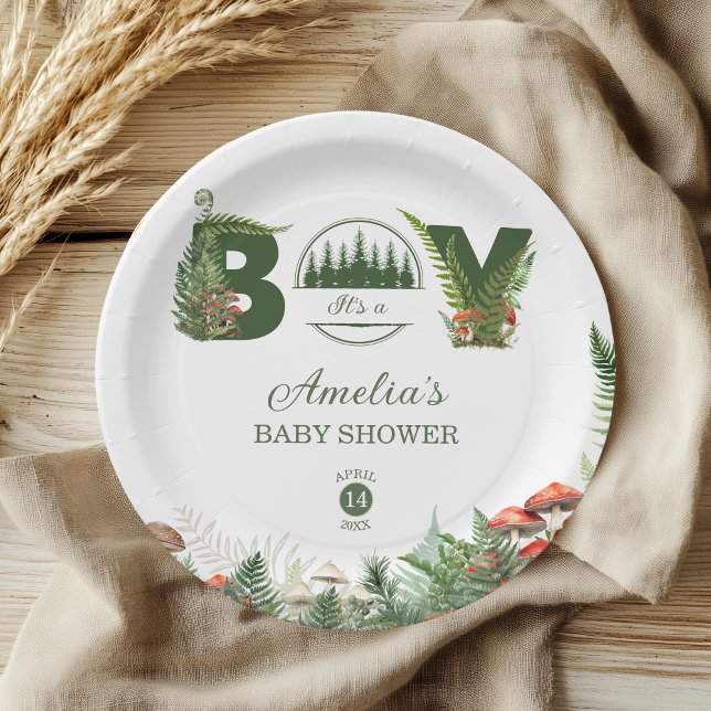 Forest Green Woodland Mushroom Baby Boy Shower Pappteller (Von Creator hochgeladen)