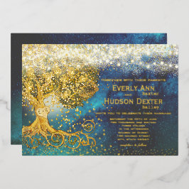 Forest Grove Fairy Lights Blue & Gold Hochzeit Folieneinladung