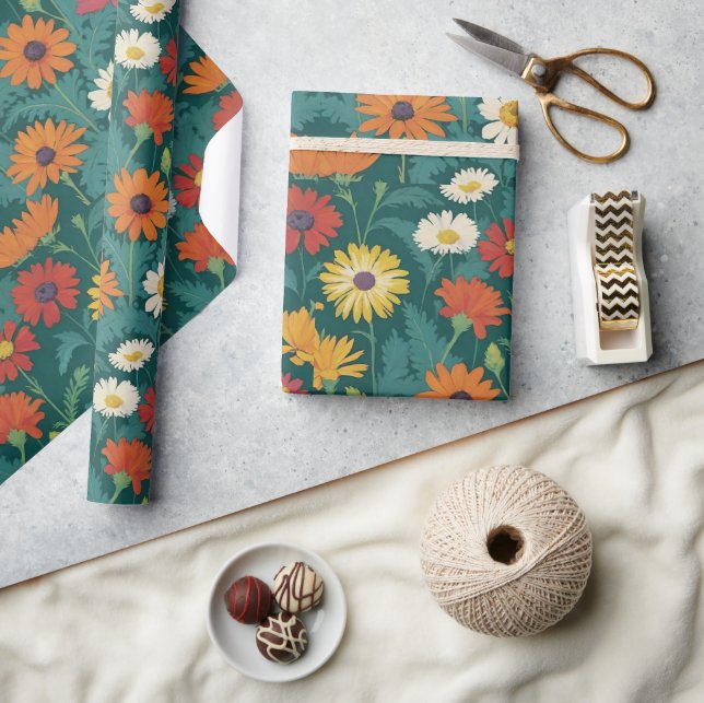 Forest Hunter Green Orange Yellow Daisy Geschenkpapier (Kunsthandwerk)