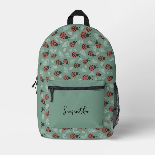 Forest Ladybugs Green Background Bedruckter Rucksack (Vorderseite)