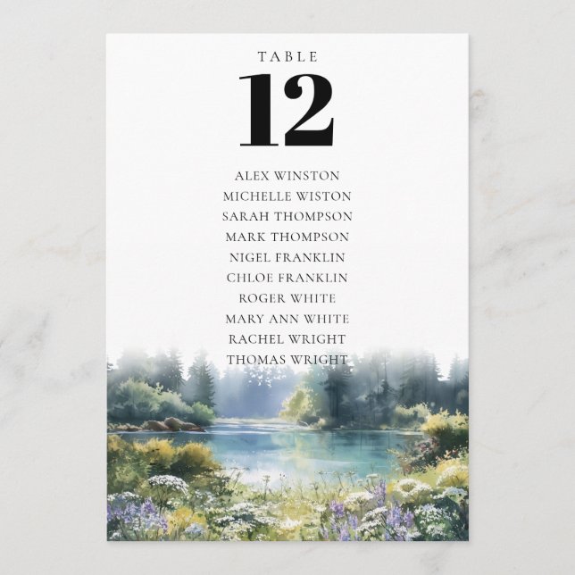 Forest Lakeside Floral Table Number Seating Chart Einladung (Vorderseite)
