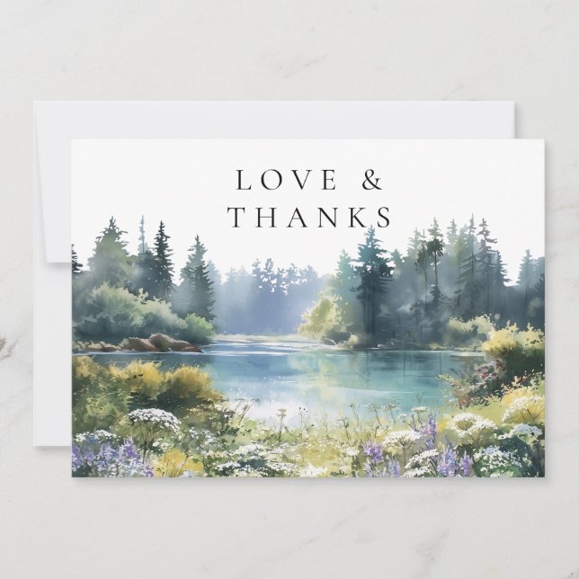 Forest Lakeside Wildflowers Floral Wedding Photo Dankeskarte (Vorderseite)