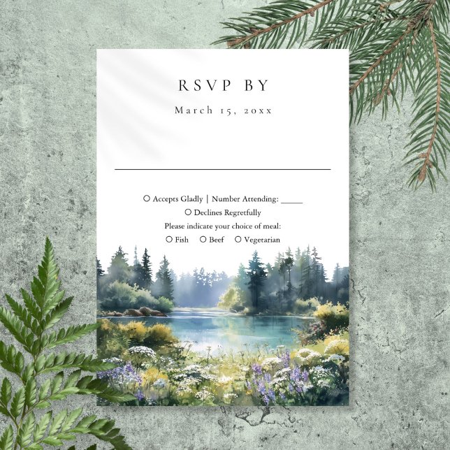 Forest Lakeside Wildflowers Floral Wedding RSVP Karte (Forest Lakeside Wildflowers Floral Wedding RSVP Card)