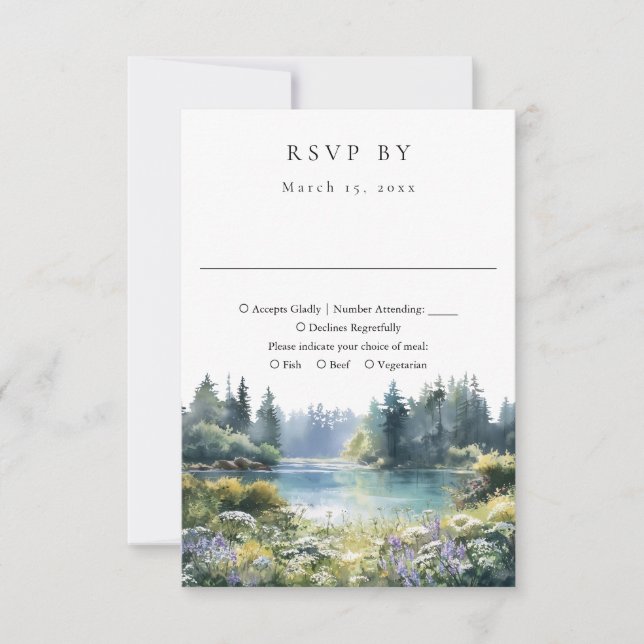 Forest Lakeside Wildflowers Floral Wedding RSVP Karte (Vorderseite)