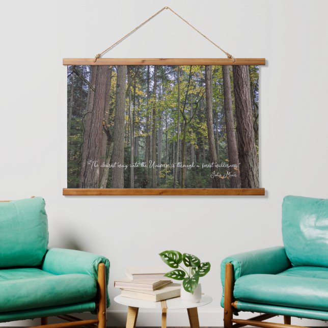Forest Landscape w/John Muir Quote Wandteppich Mit Holzrahmen (Wohnzimmer)