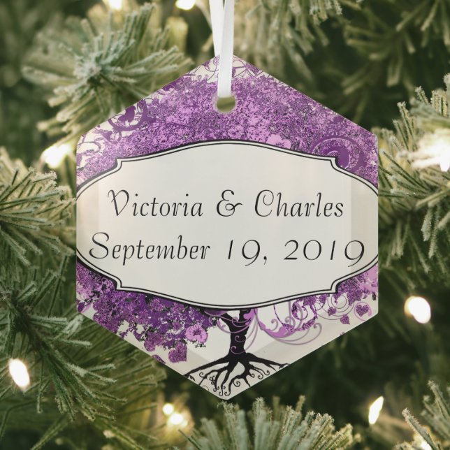 Forest Lila Heart Leaf Tree Wedding Ornament Aus Glas (Insitu)