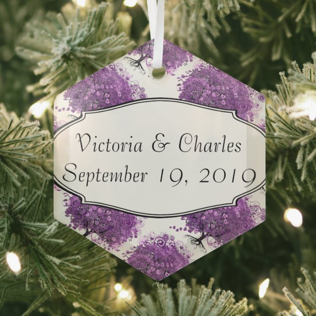 Forest Lila Heart Leaf Tree Wedding Ornament Aus Glas (Insitu)