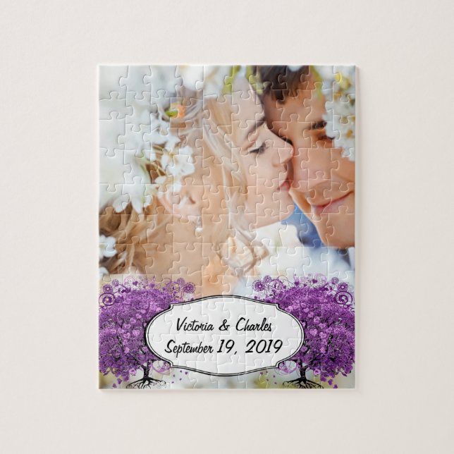 Forest Lila Heart Leaf Tree Wedding Puzzle (Vertikal)
