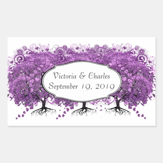 Forest Lila Heart Leaf Tree Wedding Rechteckiger Aufkleber (Vorderseite)