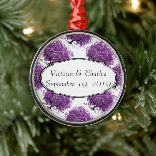 Forest Lila Heart Leaf Tree Wedding Silbernes Ornament