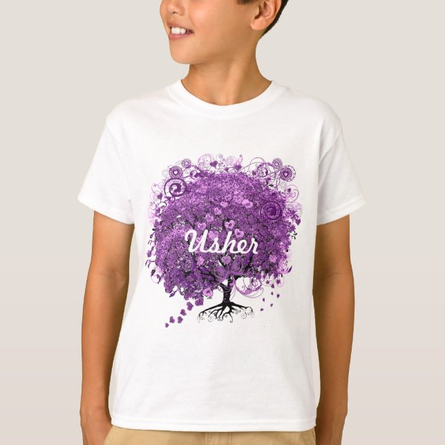 Forest Lila Heart Leaf Tree Wedding T-Shirt (Vorderseite)