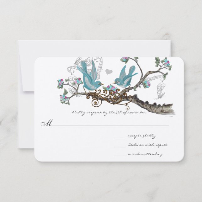 Forest Love Birds Aqua Pink Wedding RSVP Karte (Vorderseite)