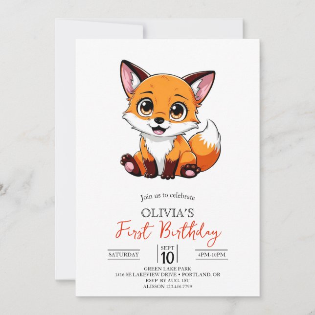 Forest Magical Digital Fox 1. Geburtstag Einladung (Vorderseite)