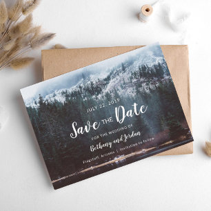 Forest Mountain Lake & Snow Save the Date Postkart Ankündigungspostkarte
