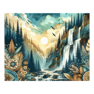 Forest Mountain Waterfall Boho Nature Muster Fotodruck