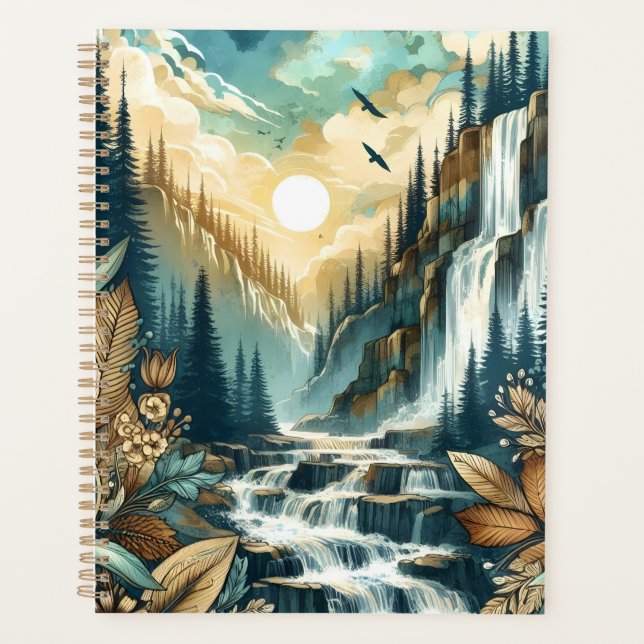 Forest Mountain Waterfall Boho Nature Muster Planer (Vorderseite)