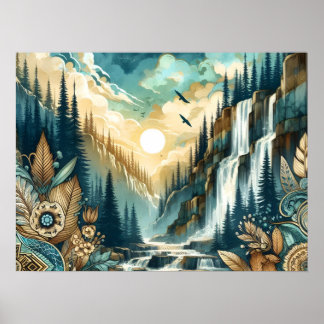 Forest Mountain Waterfall Boho Nature Muster Poster