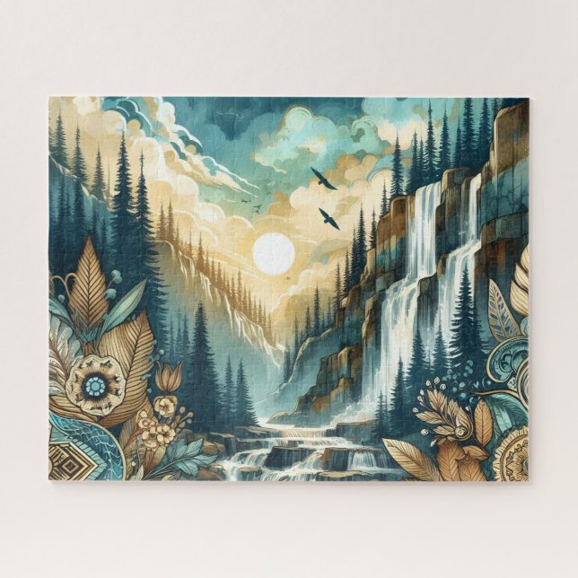 Forest Mountain Waterfall Boho Nature Muster Puzzle (Horizontal)