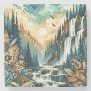 Forest Mountain Waterfall Boho Nature Muster Steinuntersetzer