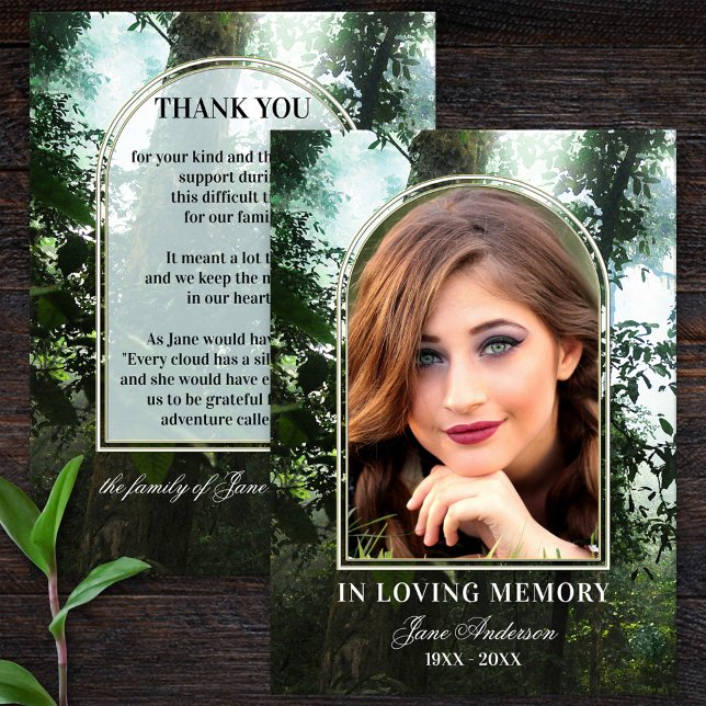 Forest Nature Foto Beileid Vielen Dank Karten (Funeral or memorial Thank You card featuring your custom photo framed by an image of a forest)