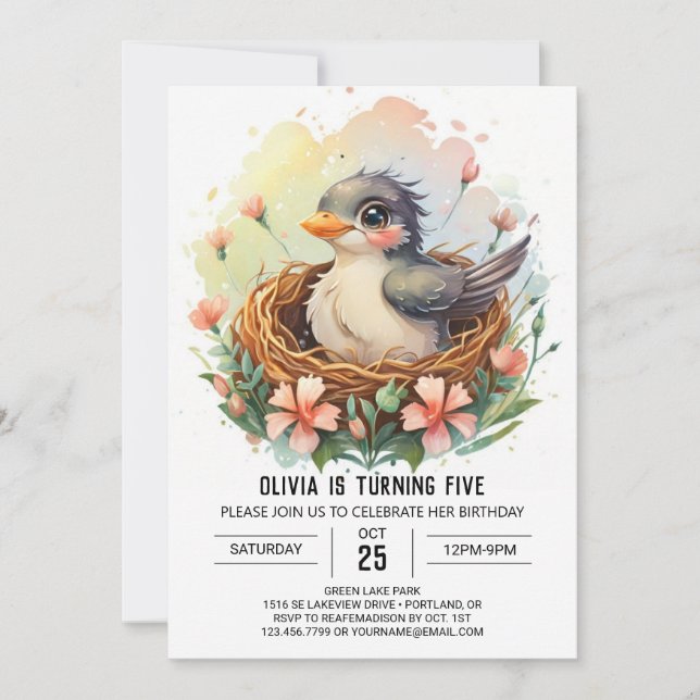Forest Nest Bird Birthday Einladung (Vorderseite)