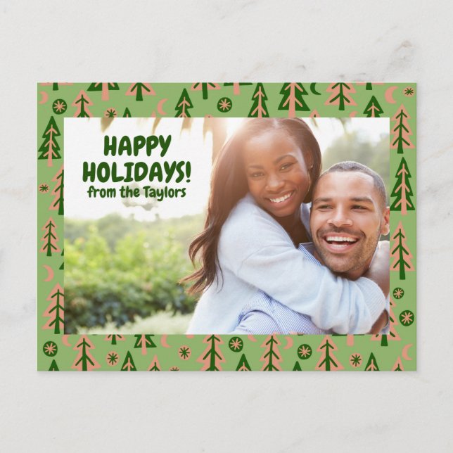 Forest Pine Tree Moon Stars CUSTOM FOTO Holiday Postkarte (Vorderseite)