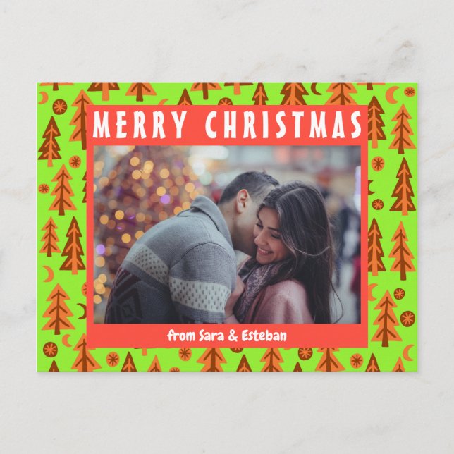 Forest Pine Tree Moon Stars CUSTOM FOTO Holiday Postkarte (Vorderseite)