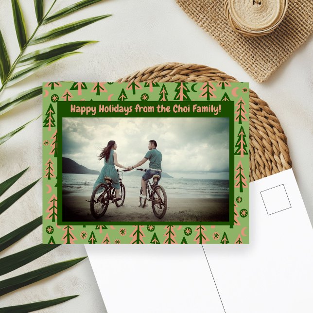 Forest Pine Tree Moon Stars CUSTOM FOTO Holiday Postkarte (Forest Pine Trees Moon Stars CUSTOM PHOTO Holiday Postcard
)