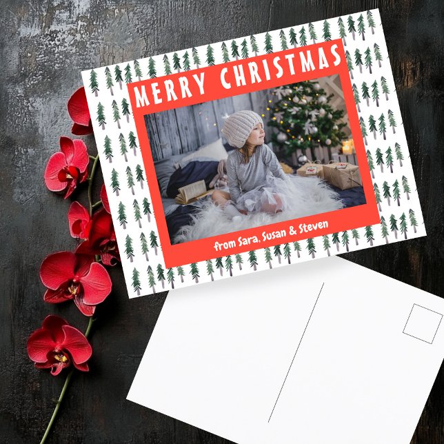 Forest Pine Tree Watercolor CUSTOM FOTO Holiday Postkarte (Forest Pine Trees Watercolor CUSTOM PHOTO Holiday Christmas Postcard
)