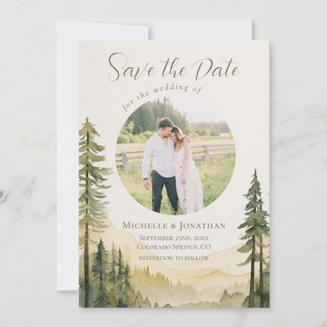 Forest Pine Trees Foto Christlich Hochzeit Save The Date (Vorderseite)