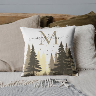 Forest Pine Trees Script Name Monogram Kissen