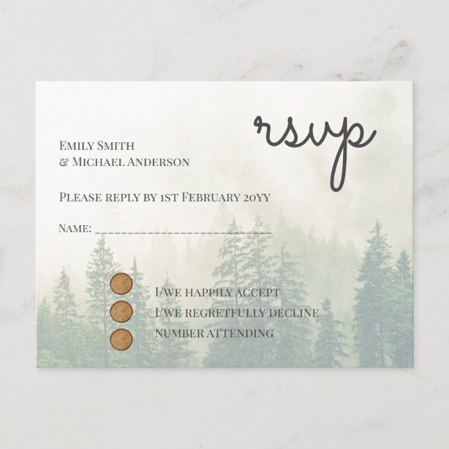 Forest Pine Trees Wedding RSVP Return Postacard Einladungspostkarte (Vorderseite)