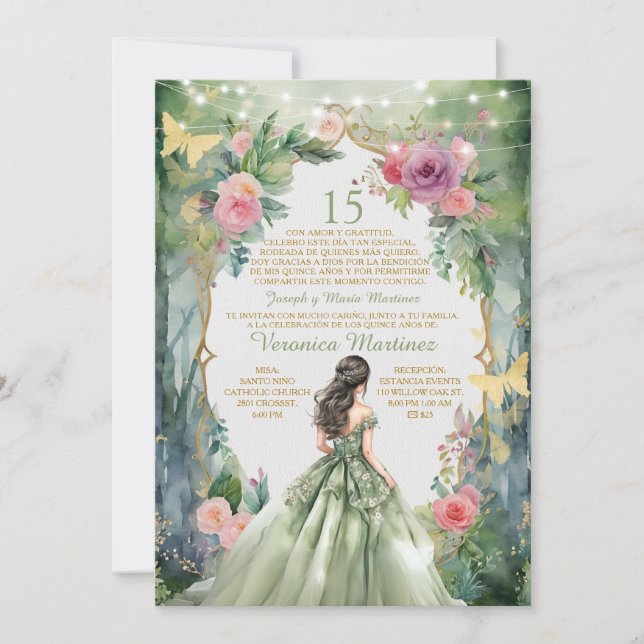Forest Sage Green Princess Spanisch 15 Mis Quince Einladung (Vorderseite)
