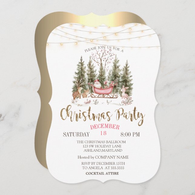Forest, Sleigh, Lights Gold Christmas Company Einladung (Vorne/Hinten)