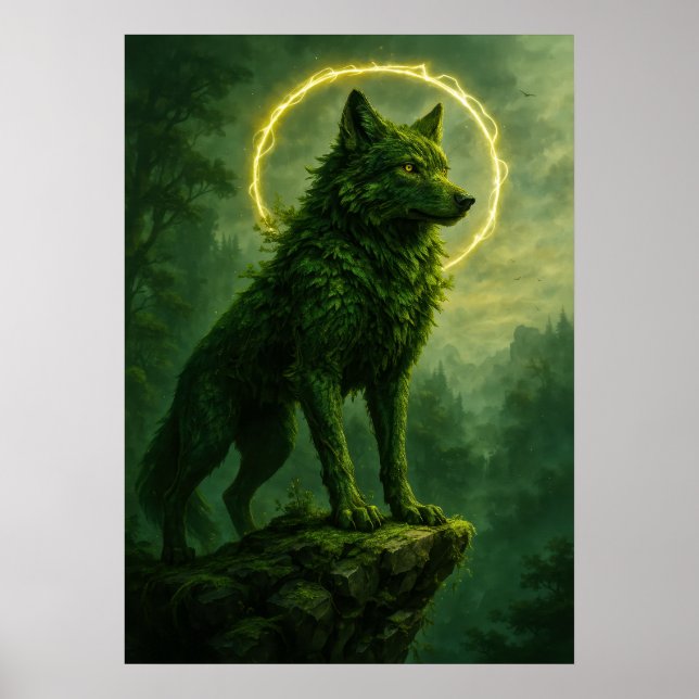 Forest Spirit Wolf mit glühender Halo Fantasy Poster (Vorne)