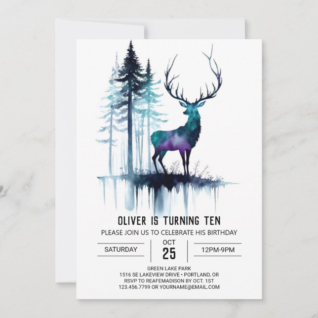 Forest Stag Editable zum Geburtstag Einladung (Vorderseite)