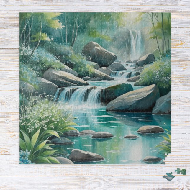 Forest Stream Woodland Waterfalls Watercolor Puzzle (A jigsaw puzzle with illustration of a woodland river in a watercolor style)