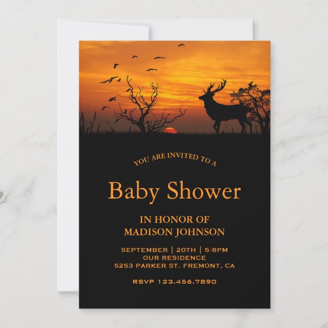 Forest Sunset Deer Baby Dusche Einladung (Vorderseite)