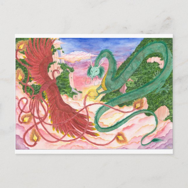 Forest Sunset Dragon und Phoenix Postkarte (Vorderseite)