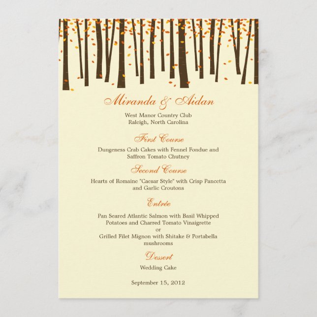 "Forest Trees Wedding Menu Card" - Orange - Menükarte (Vorderseite)