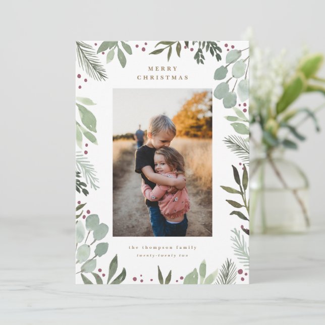 Forest Watercolor Frohe Weihnachtsfotokarte Einladung (Stehend Vorderseite)