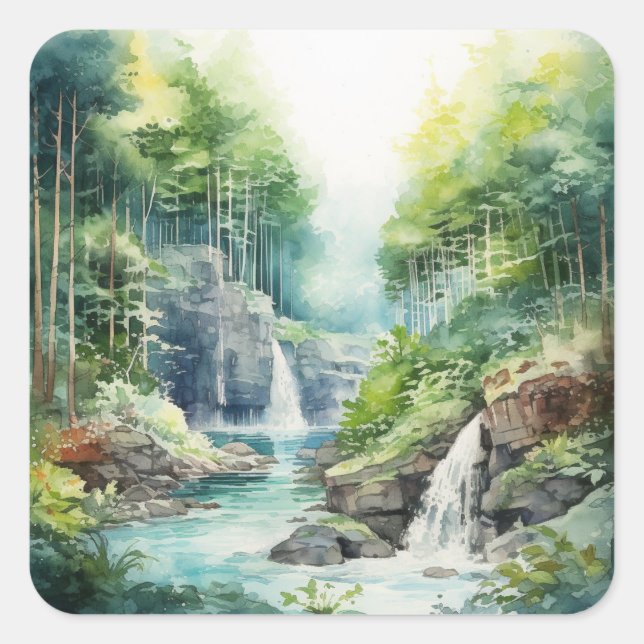 Forest Waterfall Quadratischer Aufkleber (Vorderseite)