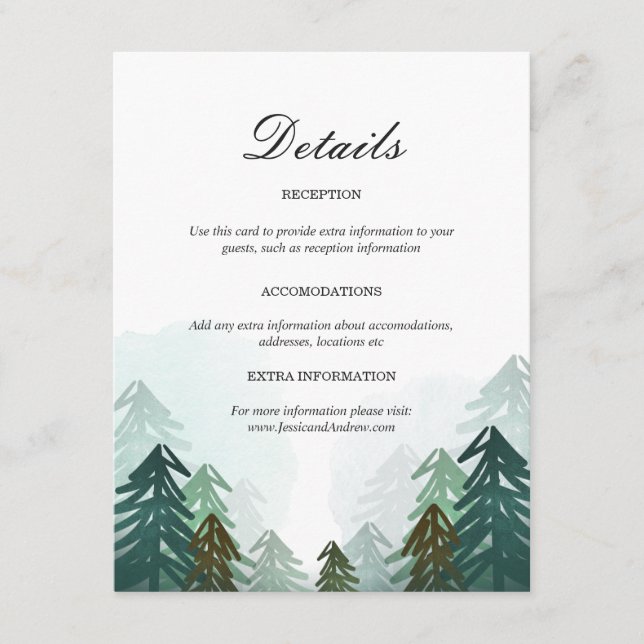 Forest Wedding Guest Information Card Pine Trees Begleitkarte (Vorderseite)