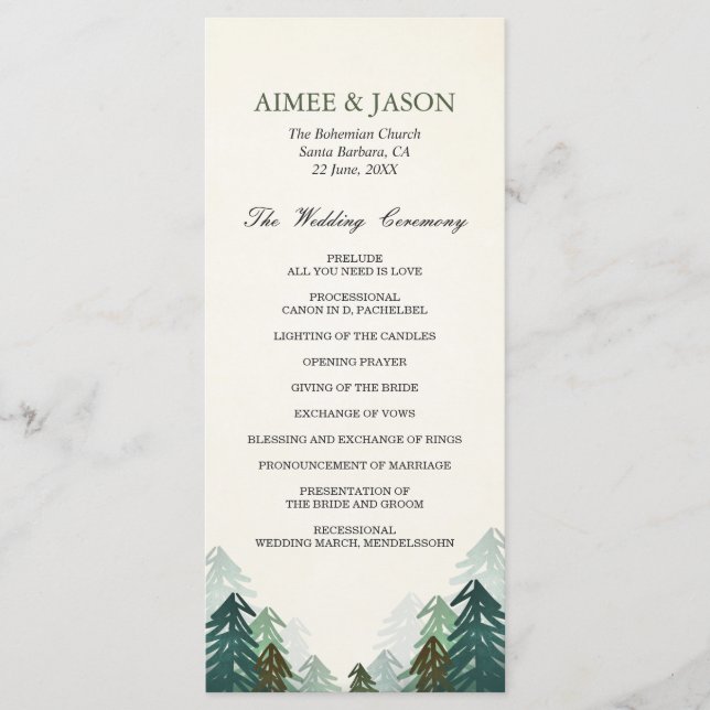 Forest Wedding Zeremonie Programm Pine Trees Winte (Vorderseite)