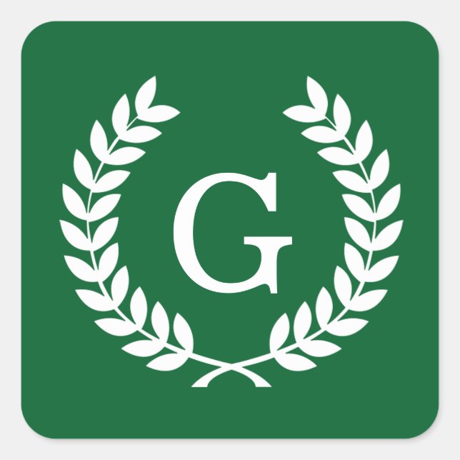 Forest White Wheat Laurel Wreath Initial Monogram Quadratischer Aufkleber (Vorderseite)