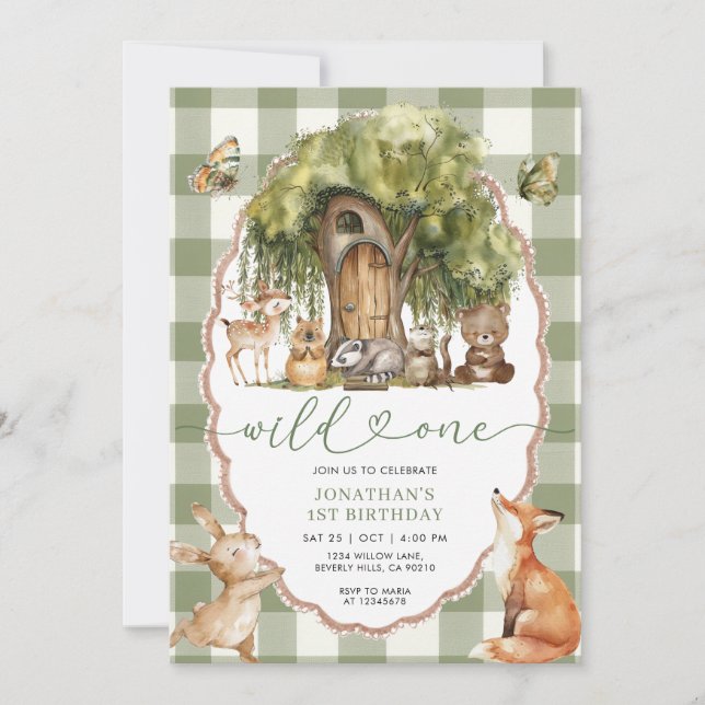 Forest Wild One First Birthday Woodland Animals Einladung (Vorderseite)