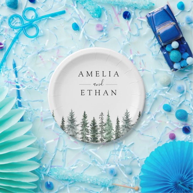 Forest Wintre Watercolor Wedding Pappteller (Party)