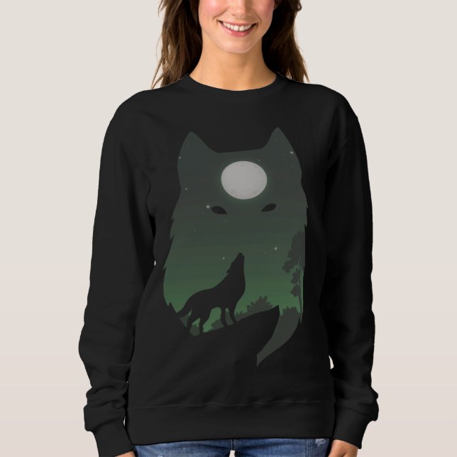 Forest with Full Moon Silhouette Howling Wolf Sweatshirt (Vorderseite)