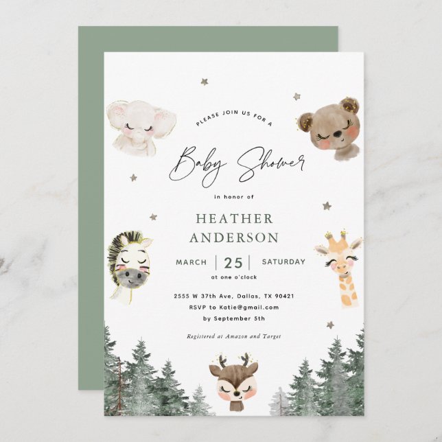 Forest Woodland Animal Baby Shower Einladung (Vorne/Hinten)
