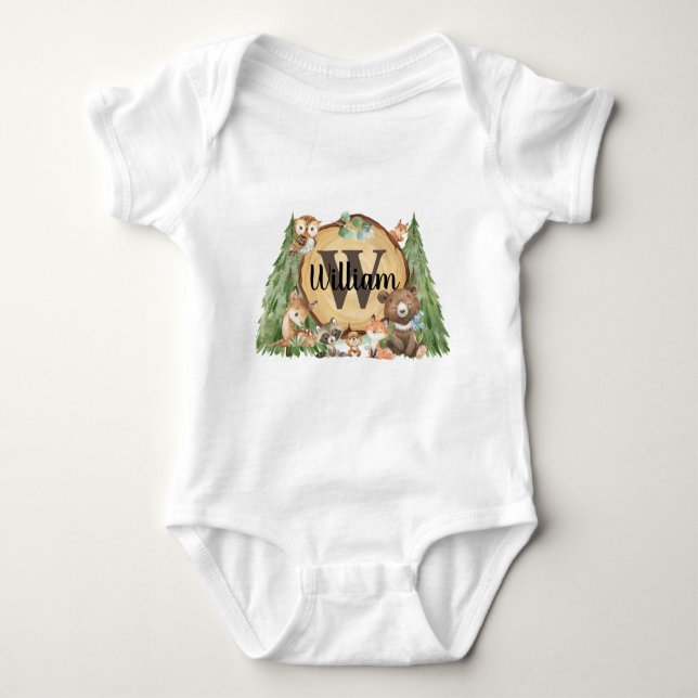 Forest Woodland Animal Monogram Baby Boy Baby Strampler (Vorderseite)